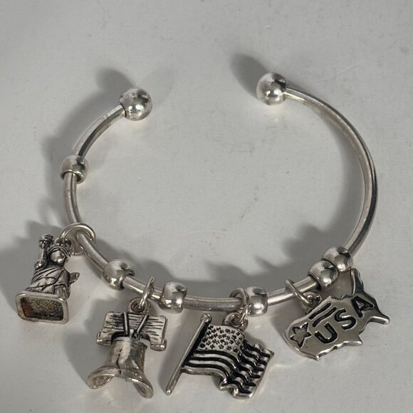 Patriotic Charm Bracelet Cuff Liberty Bell Flag Statue of Liberty American Flag - Picture 6 of 7